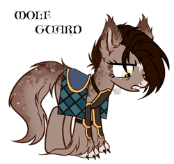 Size: 1820x1708 | Tagged: safe, artist:witchs_circle, derpibooru import, oc, oc only, oc:highland howl, earth pony, pony, werewolf, armor, coat markings, ear fluff, ears, female, gritted teeth, guard, mare, simple background, solo, transparent background, were-pony