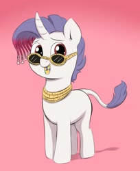 Size: 1474x1805 | Tagged: safe, artist:heretichesh, derpibooru import, oc, oc only, oc:yodi, pony, unicorn, bling, braid, curved horn, gold teeth, grin, horn, jewelry, leonine tail, necklace, smiling, solo, sunglasses