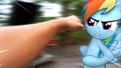 Size: 1921x1080 | Tagged: safe, artist:stormxf3, derpibooru import, rainbow dash, human, pegasus, pony, angry, dodge, female, fight, irl, mare, photo, ponies in real life, punch, youtube link