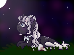 Size: 845x632 | Tagged: safe, artist:chatonettes, derpibooru import, oc, oc only, pony, unicorn, female, full moon, horn, lying down, mare, moon, night, outdoors, prone, smiling, stars, unicorn oc