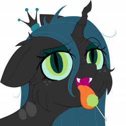 Size: 1920x1920 | Tagged: safe, artist:fajnyziomal, derpibooru import, queen chrysalis, changeling, changeling queen, bust, candy, cheek fluff, cute, cutealis, ears, fangs, female, floppy ears, food, licking, lollipop, open mouth, simple background, solo, tongue, tongue out, white background