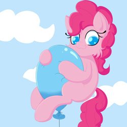 Size: 1920x1920 | Tagged: safe, artist:fajnyziomal, derpibooru import, pinkie pie, earth pony, pony, balloon, cheek fluff, colored pupils, female, mare, sky background, solo