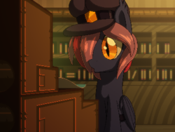 Size: 800x600 | Tagged: safe, artist:rangelost, derpibooru import, oc, oc only, oc:moonflower, bat pony, pony, bat pony oc, cap, computer, cyoa:d20 pony, female, hat, indoors, library, mare, sitting, solo, story included