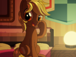Size: 800x600 | Tagged: safe, artist:rangelost, derpibooru import, oc, oc only, oc:apple basket, bed, bedroom, colt, cyoa:d20 pony, freckles, indoors, lamp, male, pillow, sitting, solo, story included