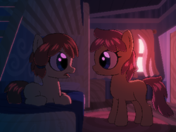 Size: 800x600 | Tagged: safe, artist:rangelost, derpibooru import, oc, oc only, oc:honourshine, oc:trailblazer, pony, bed, bedroom, cyoa:d20 pony, duo, evening, female, filly, indoors, looking at each other, lying down, profile, standing, story included