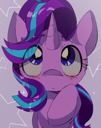 Size: 1120x1424 | Tagged: safe, artist:lexiedraw, derpibooru import, starlight glimmer, pony, unicorn, blushing, cute, eye clipping through hair, female, glimmerbetes, mare, raised hoof, raised leg, solo, starry background