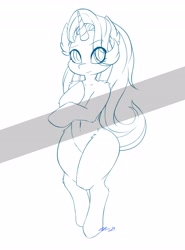 Size: 3038x4096 | Tagged: safe, alternate version, artist:9air, derpibooru import, starlight glimmer, semi-anthro, unicorn, belly button, eye clipping through hair, female, hair over one eye, lineart, looking at you, mare, raised eyebrow, solo, wide hips