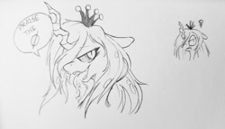 Size: 1024x585 | Tagged: safe, artist:9air, derpibooru import, queen chrysalis, changeling, grayscale, hair over one eye, monochrome, pencil drawing, pictogram, solo, speech bubble, tongue, tongue out, traditional art