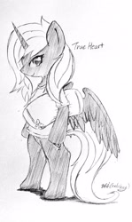 Size: 2322x3896 | Tagged: safe, artist:9air, derpibooru import, oc, oc only, oc:true heart, alicorn, semi-anthro, alicorn oc, commission, grayscale, horn, monochrome, not luna, pencil drawing, pillow, solo, traditional art, wings