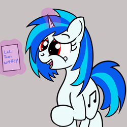Size: 1200x1200 | Tagged: safe, artist:dafiltafish, derpibooru import, dj pon-3, vinyl scratch, pony, unicorn, female, gray background, implied octavia, laughing, mare, mute vinyl, red eyes, simple background, solo, text, trolling, wrong eye color