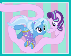 Size: 9381x7418 | Tagged: safe, artist:thatusualguy06, derpibooru import, starlight glimmer, trixie, pony, unicorn, abstract background, absurd resolution, alternate hairstyle, babysitter trixie, clothes, crossing the memes, duo, female, hoodie, long glimmer, long pony, looking at each other, mare, meme, vector