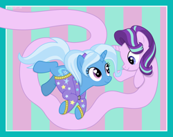 Size: 9381x7418 | Tagged: safe, alternate version, artist:thatusualguy06, derpibooru import, starlight glimmer, trixie, pony, unicorn, abstract background, absurd resolution, alternate hairstyle, babysitter trixie, clothes, crossing the memes, duo, female, heart eyes, hoodie, long glimmer, long pony, looking at each other, mare, meme, starry eyes, vector, wingding eyes