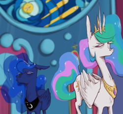 Size: 1340x1242 | Tagged: safe, artist:fakeanna, derpibooru import, princess celestia, princess luna, alicorn, pony, sparkle's seven, annoyed, canterlot castle, canterlot throne room, celestia is not amused, crown, duo, ears, ethereal mane, faic, female, floppy ears, frown, grumpy, jewelry, looking at each other, luna is not amused, mare, multicolored mane, narrowed eyes, regalia, royal sisters, scene interpretation, siblings, sideways glance, sisters, stained glass, starry mane, throne, unamused