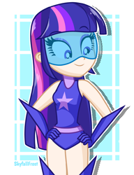 Size: 1448x1888 | Tagged: safe, artist:skyfallfrost, derpibooru import, twilight sparkle, equestria girls, clothes, human coloration, leotard, magic gaia, solo, super suit, superhero, visor