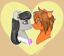 Size: 800x700 | Tagged: safe, artist:lavvythejackalope, derpibooru import, octavia melody, oc, earth pony, pony, unicorn, broken horn, bust, canon x oc, commission, eyelashes, female, heart, horn, looking at each other, male, mare, signature, smiling, stallion, unicorn oc, ych result