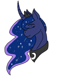 Size: 768x1024 | Tagged: safe, alternate version, artist:agdapl, derpibooru import, princess luna, alicorn, pony, bust, colored, curved horn, ethereal mane, eyes closed, female, horn, jewelry, mare, peytral, simple background, solo, starry mane, tiara, white background