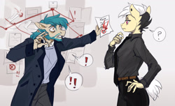 Size: 3057x1857 | Tagged: safe, artist:lunnitavaldez, derpibooru import, oc, oc only, oc:hay day, oc:note clip, anthro, anthro oc, cigarette, dress shirt, duo, evidence board, exclamation point, necktie, question mark, speech bubble