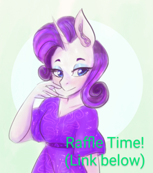 Size: 866x975 | Tagged: safe, artist:mimiporcellini, derpibooru import, rarity, anthro, advertisement, female, raffle, solo, solo female