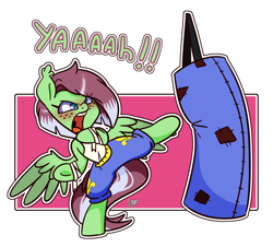 Size: 1544x1398 | Tagged: safe, artist:lou, derpibooru import, oc, oc:watermelon success, pegasus, clothes, female, kicking, mare