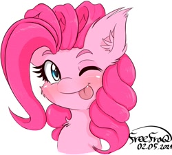 Size: 944x851 | Tagged: safe, artist:freefraq, derpibooru import, pinkie pie, :p, blushing, bust, cheek fluff, chest fluff, cute, diapinkes, ear fluff, ears, looking at you, one eye closed, portrait, simple background, tongue, tongue out, white background, wink, winking at you