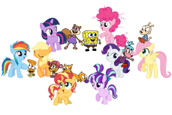 Size: 1280x854 | Tagged: safe, artist:media1997, derpibooru import, applejack, fluttershy, pinkie pie, rainbow dash, rarity, starlight glimmer, sunset shimmer, twilight sparkle, unicorn twilight, cat, dog, earth pony, human, pegasus, pony, squirrel, unicorn, alternate mane seven, camp lazlo, catdog, crossover, female, filly, filly applejack, filly fluttershy, filly pinkie pie, filly rainbow dash, filly rarity, filly twilight sparkle, mane six, rocko's modern life, sandy cheeks, simple background, sponge, spongebob squarepants, transparent background, vector, younger