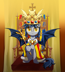 Size: 2000x2200 | Tagged: safe, artist:ce2438, derpibooru import, oc, oc only, oc:moorish delight, bat pony, pony, aragon, blue mane, crown, female, golden, golden bat, golden eyes, gray coat, jewelry, mare, queen, regalia, royalty, solo, spain, throne