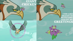 Size: 1280x720 | Tagged: safe, derpibooru import, edit, edited screencap, editor:quoterific, screencap, rarity, spike, zecora, bird, dragon, eagle, roc, molt down, cloud, flying, male, open mouth, winged spike, wings