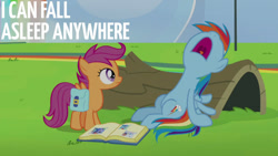 Size: 1280x720 | Tagged: safe, derpibooru import, edit, edited screencap, editor:quoterific, screencap, rainbow dash, scootaloo, pegasus, pony, parental glideance, bag, book, duo, duo female, female, filly, mare, nose in the air, open mouth, saddle bag, sleeping, volumetric mouth