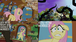 Size: 1280x720 | Tagged: safe, derpibooru import, edit, edited screencap, editor:quoterific, screencap, fluttershy, bear, bird, chicken, duck, owl, pegasus, pony, rabbit, raccoon, princess twilight sparkle (episode), animal, ears, female, floppy ears, fluttershy's cottage, mare, scared