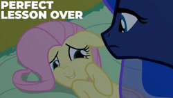 Size: 1280x720 | Tagged: safe, derpibooru import, edit, edited screencap, editor:quoterific, screencap, fluttershy, princess luna, alicorn, pegasus, pony, luna eclipsed, duo, duo female, ears, female, floppy ears, luna is not amused, lying down, mare, on side, smiling, unamused