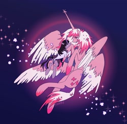 Size: 2048x2000 | Tagged: safe, artist:rainaru, derpibooru import, alicorn, pony, unicorn, anime, crossover, female, four wings, goddess, homura akemi, lesbian, madoka kaname, magical girl, multiple wings, ponified, puella magi madoka magica, shipping, traditional art, wings