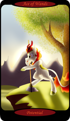 Size: 1500x2591 | Tagged: safe, artist:sixes&sevens, derpibooru import, part of a set, autumn blaze, kirin, ace of wands, bipedal, bipedal leaning, cliff, dawn, female, leaning, minor arcana, mountain, mountain range, outdoors, pointing, solo, tarot card, tree, walking stick