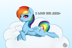 Size: 2000x1333 | Tagged: safe, artist:plaguemare, derpibooru import, rainbow dash, pegasus, pony, blushing, bronybait, cloud, crossed legs, dialogue, drawthread, female, i love you, implied anon, looking at you, lying down, mare, offscreen character, request, smiling, smiling at you, solo, text, wings