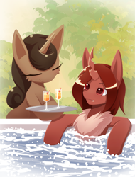 Size: 2300x3024 | Tagged: safe, artist:howxu, derpibooru import, oc, oc only, oc:noza, oc:red flux, changeling, hybrid, moth, mothling, original species, unicorn, bowing, cocktail, cocktail glass, duo, jacuzzi, red changeling, smiling, tray, water