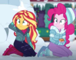 Size: 634x499 | Tagged: safe, derpibooru import, screencap, pinkie pie, sunset shimmer, better together, equestria girls, holidays unwrapped, cropped, saving pinkie's pie