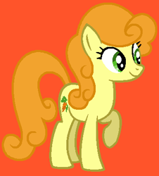 Size: 369x409 | Tagged: safe, artist:princessdaisyofficialchannel, derpibooru import, carrot top, golden harvest, earth pony, pony, background pony, female, mare, orange background, raised hoof, raised leg, simple background, smiling