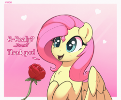 Size: 2368x1940 | Tagged: safe, artist:nookprint, derpibooru import, edit, fluttershy, pegasus, pony, cropped, cute, dialogue, female, flower, heart, mare, offscreen character, open mouth, open smile, rose, shyabetes, smiling, solo