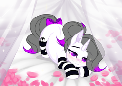 Size: 3465x2454 | Tagged: safe, artist:kawaiizhele, artist:sparkling_light, derpibooru import, oc, oc only, oc:hazel radiate, pony, unicorn, base used, bed, bedroom eyes, blushing, bow, clothes, commission, commissioner:biohazard, cute, eye clipping through hair, eyebrows, eyebrows visible through hair, eyelashes, face down ass up, female, flower petals, highlights, hooves, horn, looking at you, lying down, mare, petals, ponytail, simple background, smiling, smiling at you, socks, solo, striped socks, tail bow, unicorn oc, ych result