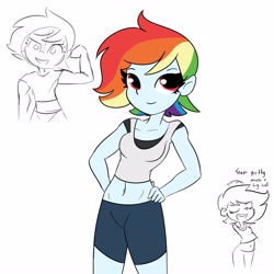 Size: 3000x3000 | Tagged: safe, artist:tjpones, derpibooru import, rainbow dash, equestria girls, alternate hairstyle, belly button, breasts, clothes, compression shorts, cute, dashabetes, female, flexing, hand on hip, looking at you, midriff, short hair, short hair rainbow dash, simple background, solo, stretching, tomboy, toned, toned female, white background