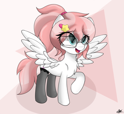 Size: 3800x3500 | Tagged: safe, artist:starmaster, artist:starmaster000, artist:xeto_de, derpibooru import, oc, oc:sugar feather, pegasus, pony, clothes, glasses, smiling, socks, solo, spread wings, wings