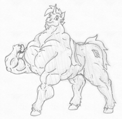 Size: 2000x1950 | Tagged: artist needed, safe, derpibooru import, oc, oc:secret mentore, unicorn, fetish, growth, muscle expansion, muscle fetish, muscle growth, muscles, neckerchief, pencil drawing, traditional art