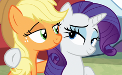 Size: 1400x866 | Tagged: safe, derpibooru import, screencap, applejack, rarity, earth pony, pony, unicorn, best gift ever, awww, best friends, cropped, cute, duo, eye contact, female, hnnng, lidded eyes, looking at each other, mare, shipping fuel, side hug, smiling