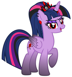 Size: 4684x4995 | Tagged: safe, artist:severity-gray, derpibooru import, twilight sparkle, twilight sparkle (alicorn), alicorn, pony, altered cutie mark, alternate hairstyle, alternate timeline, alternate universe, corrupted, corrupted twilight sparkle, crown, dark magic, ear piercing, eyeshadow, horn, horn ring, jewelry, magic, makeup, piercing, ponytail, raised hoof, raised leg, red eyes, regalia, ring, simple background, solo, transparent background