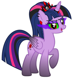 Size: 4684x4995 | Tagged: safe, alternate version, artist:severity-gray, derpibooru import, twilight sparkle, twilight sparkle (alicorn), alicorn, pony, altered cutie mark, alternate hairstyle, alternate timeline, alternate universe, corrupted, corrupted twilight sparkle, crown, dark magic, ear piercing, eyeshadow, horn, horn ring, jewelry, magic, makeup, piercing, raised hoof, raised leg, regalia, ring, simple background, solo, sombra eyes, transparent background