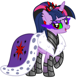 Size: 4933x5000 | Tagged: safe, alternate version, artist:severity-gray, derpibooru import, twilight sparkle, twilight sparkle (alicorn), alicorn, pony, altered cutie mark, alternate hairstyle, alternate timeline, alternate universe, cape, clothes, corrupted, corrupted twilight sparkle, crown, cutie mark, cutie mark on clothes, dark magic, ear piercing, eyeshadow, horn, horn ring, jewelry, magic, makeup, piercing, raised hoof, raised leg, regalia, ring, simple background, solo, sombra eyes, transparent background