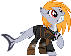 Size: 2786x2191 | Tagged: safe, artist:lightning stripe, derpibooru exclusive, derpibooru import, oc, oc only, oc:blazen trail, hybrid, original species, pony, shark, shark pony, 2021, armor, clothes, commission, cute, eyelashes, fallout, grin, jewelry, leather armor, necklace, ocbetes, one hoof raised, orange hair, orange mane, red eyes, shark tail, shark teeth, sharp teeth, show accurate, simple background, smiling, solo, teeth, transparent background, vector