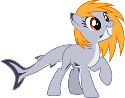 Size: 2786x2191 | Tagged: safe, artist:lightning stripe, derpibooru exclusive, derpibooru import, edit, oc, oc only, oc:blazen trail, hybrid, original species, pony, shark, shark pony, 2021, commission, cute, eyelashes, grin, ocbetes, one hoof raised, orange hair, orange mane, red eyes, shark tail, shark teeth, sharp teeth, show accurate, simple background, smiling, solo, teeth, transparent background, vector