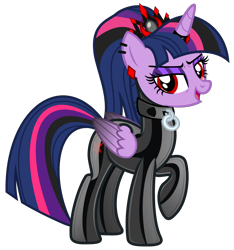 Size: 4684x4995 | Tagged: safe, alternate version, artist:severity-gray, derpibooru import, twilight sparkle, twilight sparkle (alicorn), alicorn, pony, altered cutie mark, alternate hairstyle, alternate timeline, alternate universe, bodysuit, clothes, collar, collar ring, corrupted, corrupted twilight sparkle, crown, cutie mark, cutie mark on clothes, dark magic, ear piercing, eyeshadow, horn, horn ring, jewelry, latex, latex suit, looking at you, magic, makeup, piercing, raised hoof, raised leg, red eyes, regalia, ring, shiny, simple background, solo, tight clothing, transparent background