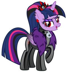 Size: 4684x4995 | Tagged: safe, alternate version, artist:severity-gray, derpibooru import, twilight sparkle, twilight sparkle (alicorn), alicorn, pony, altered cutie mark, alternate hairstyle, alternate timeline, alternate universe, bodysuit, clothes, collar, collar ring, corrupted, corrupted twilight sparkle, crown, cutie mark, cutie mark on clothes, dark magic, ear piercing, eyeshadow, feather boa, horn, horn ring, jewelry, latex, latex suit, looking at you, magic, makeup, piercing, raised hoof, raised leg, red eyes, regalia, ring, shiny, simple background, solo, tight clothing, transparent background