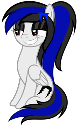 Size: 3588x5819 | Tagged: safe, artist:severity-gray, derpibooru import, oc, oc:labys, pegasus, pony, cutie mark, eyeshadow, female, grin, hairpin, looking sideways, makeup, mare, ponytail, simple background, sitting, smiling, smug, smug face, solo, transparent background, wings